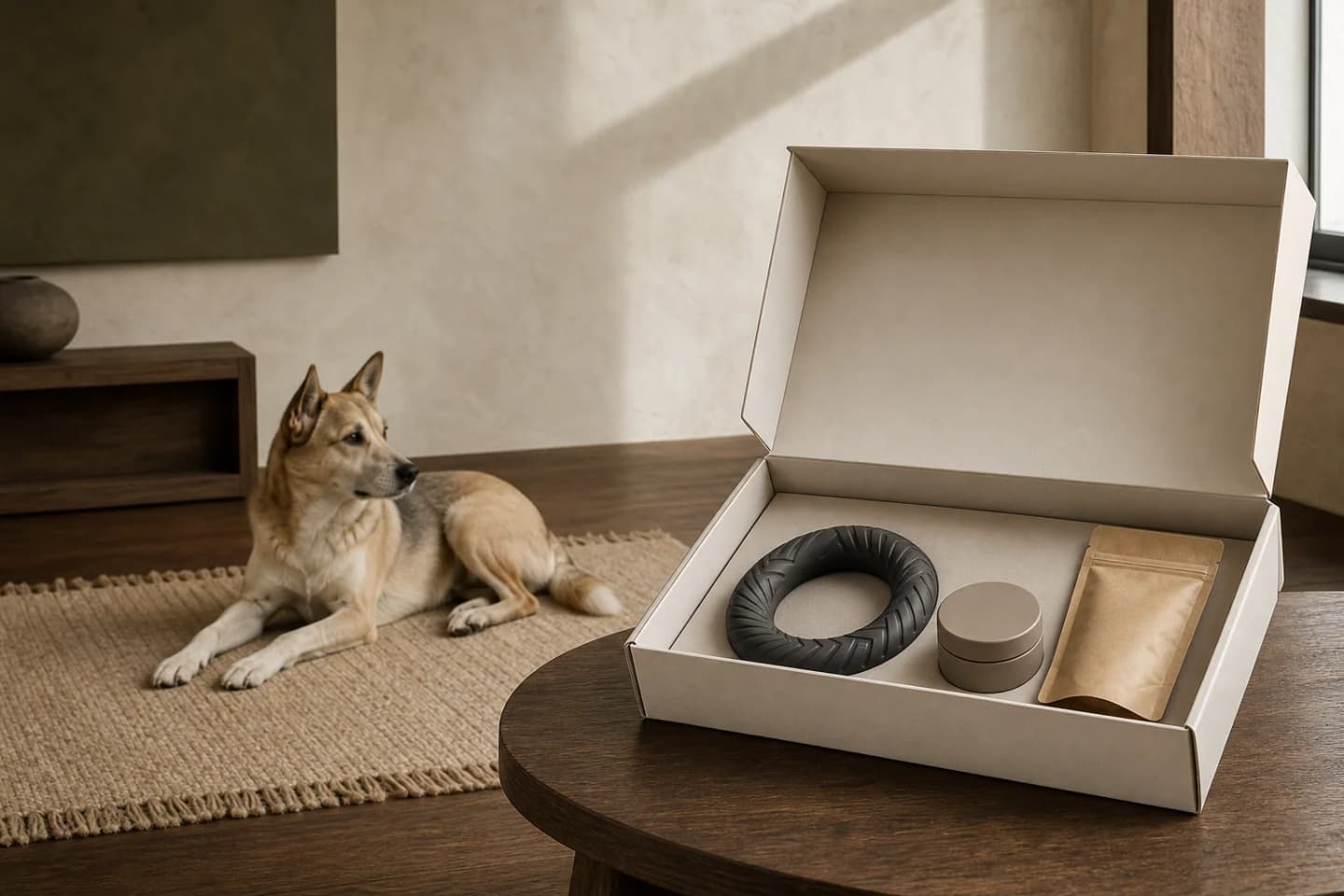 The Home Companion Box shown open with three coordinated pet-care objects.